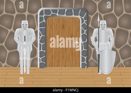 knights in castle guarding door vector illustration isolated on background Stock Vector