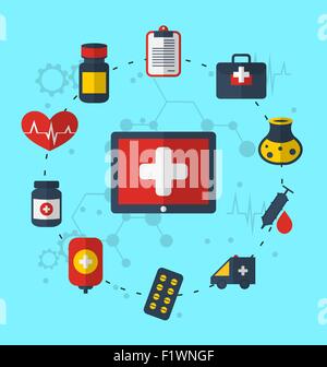 Tablet pc with medical icons for web design, modern flat style Stock Vector