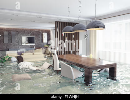 flooding in luxurious interior. 3d creative concept Stock Photo