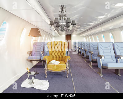 luxury armchair in airplane cabin. 3d creativity concept Stock Photo