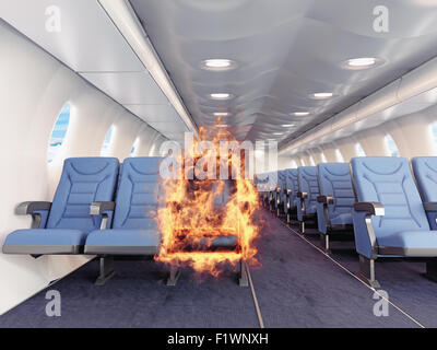 fire in the airplane cabin. 3d creative concept Stock Photo