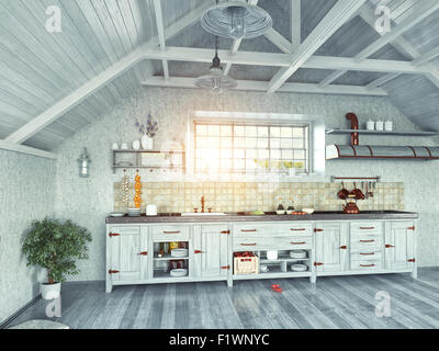 modern kitchen interior with  island in the attic (3d design concept) Stock Photo