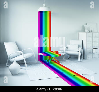 Rainbow color light from the lamp in a white interior. Art-style 3d concept Stock Photo