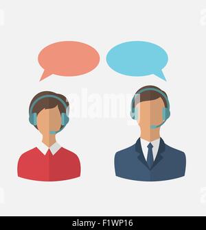 Flat icons of call center operators with man and woman wearing h Stock Vector