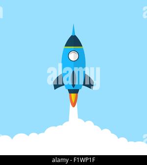 Flat icon of rocket with long shadow style, startup concept Stock Vector
