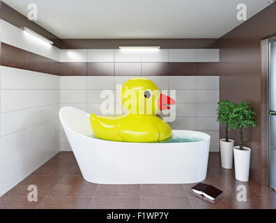 the big rubber duck relaxing in the bathroom. 3d creative concept Stock Photo