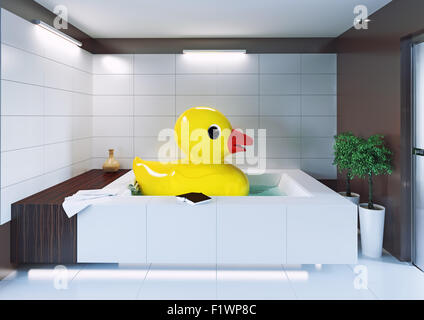 the big rubber duck relaxing in the bathroom. 3d creative concept Stock Photo