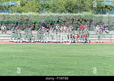 Unidentified soldiers of paratrooper brigade band music, are performing a show in Alcala de Henares Stock Photo