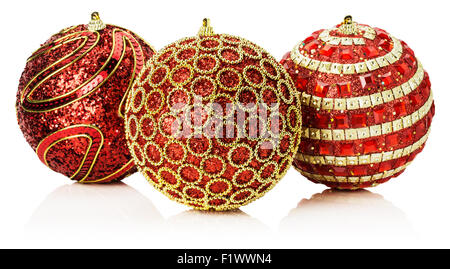 Christmas red balls with golden ornament isolated on the white background. Stock Photo