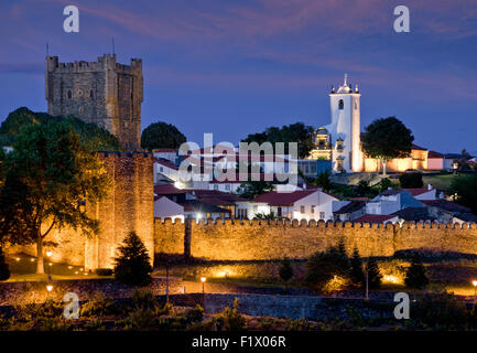 Tras-os-montes, Bragança castle, church and city walls at dusk Stock Photo