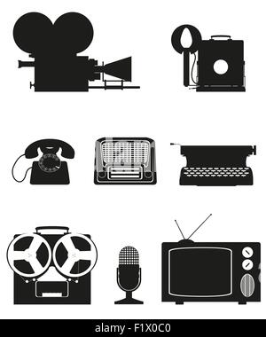 vintage and old art equipment set icons black silhouette video photo phone recording tv radio writing vector illustration isolat Stock Vector