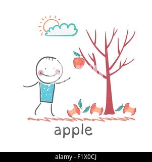 a man stands with a tree on which apples Stock Vector