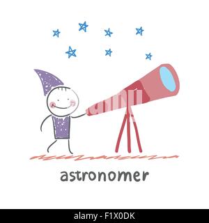 astronomer looking through a telescope. Fun cartoon style illustration. The situation of life. Stock Vector