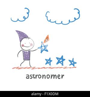astronomer gives the order stars. Fun cartoon style illustration. The situation of life. Stock Vector