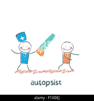 autopsist with a saw. Fun cartoon style illustration. The situation of life. Stock Vector