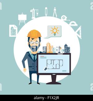 architect develops drawings on the computer illustration Stock Vector
