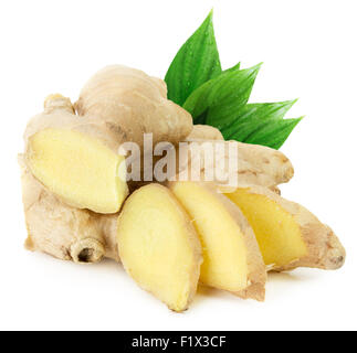 ginger with leaves isolated on a white background. Stock Photo