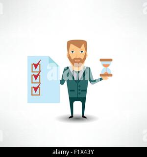 insurance agent holds in one hand a document, and in the other hand hourglass Stock Vector