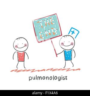 pulmonologist shows the patient a poster of the words " the end". Fun cartoon style illustration. The situation of life. Stock Vector