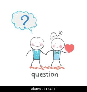 man with a question mark goes with a girl with a heart in his hand Stock Vector