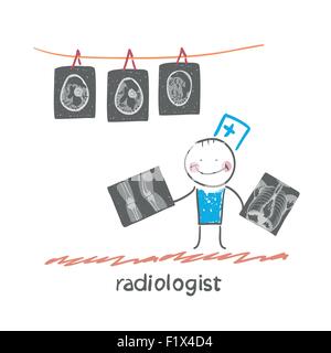Radiologist with X-ray images. Fun cartoon style illustration. The situation of life. Stock Vector