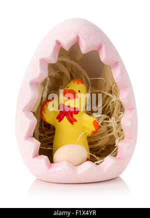 Easter pink egg with chicken isolated on a white background. Stock Photo