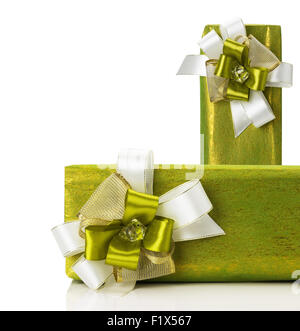green gift boxes isolated on the white background. Stock Photo