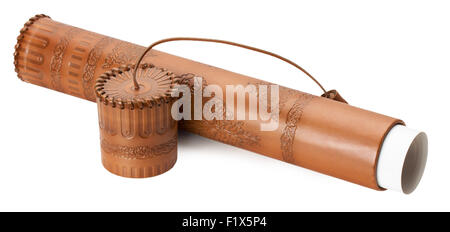 leather case for parchment isolated on the white background. Stock Photo