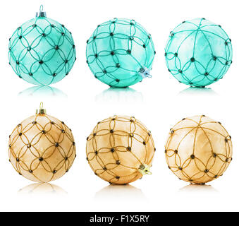 Set of Christmas balls on a turquoise shiny textured background