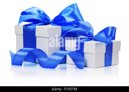 gift boxes with blue bow isolated on the white background. Stock Photo