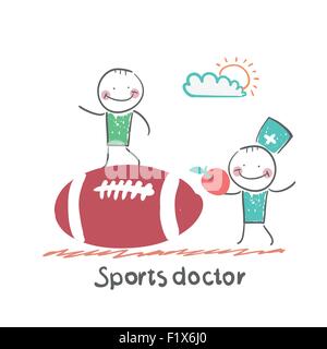 https://l450v.alamy.com/450v/f1x6j0/sports-doctor-giving-an-apple-to-the-person-who-sits-on-a-huge-soccer-f1x6j0.jpg