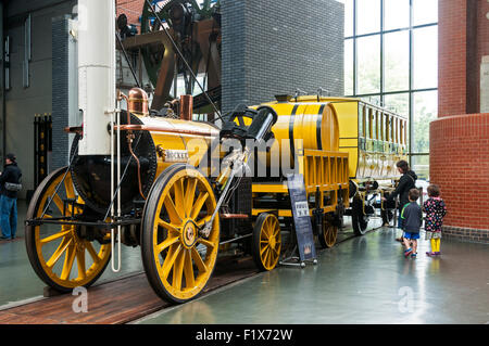 Replica, part sectioned, of Stephenson's Rocket locomotive at the National Railway Museum, City of York, Yorkshire, England, UK Stock Photo