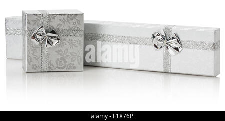 silver gift boxes isolated on the white background. Stock Photo