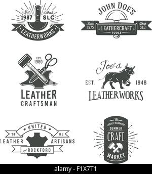First set of grey vector vintage craft logo designs, retro genuine leather tool labels. artisans market insignia illustration Stock Vector