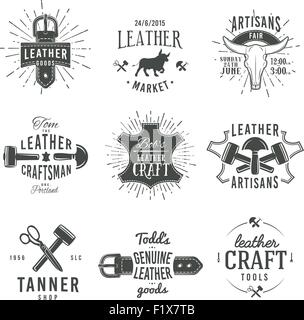 Second set of grey vector vintage craftsman logo designs, retro genuine leather tool labels. artisan craft market insignia illustration Stock Vector