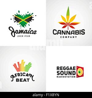 Set of african rasta beat vector logo designs. Jamaica reggae music template. Colorful cannabis company concept Stock Vector