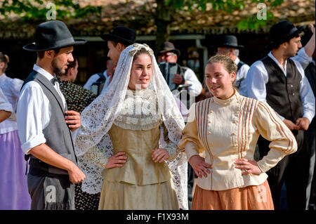 members of a folkdancing troupe in traditional regional Algarve costumes at Alte, Algarve, Portugal Stock Photo