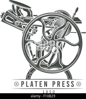 Platen press vector illustration. Old letterpress logo design. Vintage printing machine Stock Vector