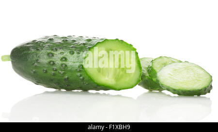 Cucumber and slices isolated over white background. Stock Photo
