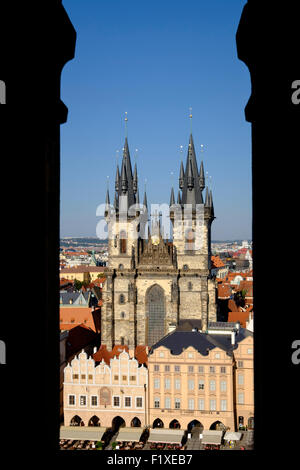 Church of Our Lady Before Tyn in the Old Town square seen from the Old Town Hall tower, Prague, Czech Republic, Europe Stock Photo