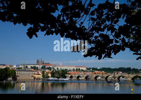 Prague skyline with the Charles Bridge over the Vlatva river, St Vitus Cathedral and the Hradčany Castle, Prague, Czech Republic Stock Photo