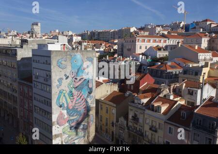 LISBON, PORTUGAL - OCTOBER 24 2014: View from the top of downtown Lisbon, with a big seahorse mural on a building facade Stock Photo