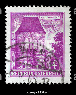Stamp printed in Austria shows Vienna Gate, Hainburg, circa 1957. Stock Photo