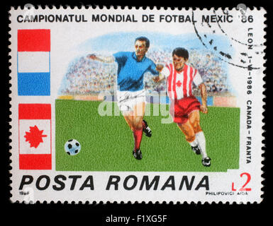 Stamp printed in Romania shows Football World Cup, Mexico, circa 1986. Stock Photo