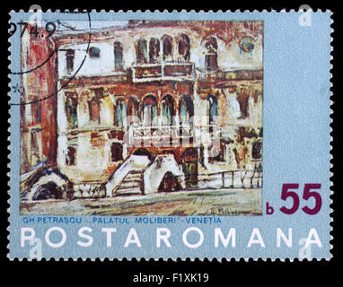 Stamp printed by Romania, shows Painting of Venice by N. Petrascu, circa 1972 Stock Photo