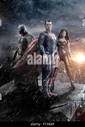 BATMAN v SUPERMAN: DAWN OF JUSTICE 2016 Warner Bros film with from left: Ben Affleck, Henry Cavill and Gal Gadot Stock Photo