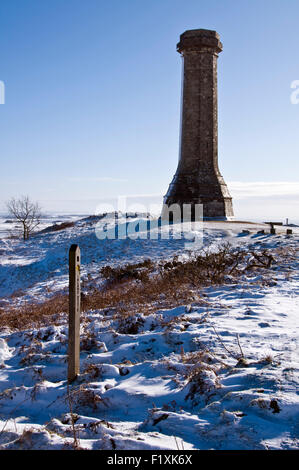 Blue sky and snow at Hardy's Monument on Black Down in Dorset, England, UK Stock Photo