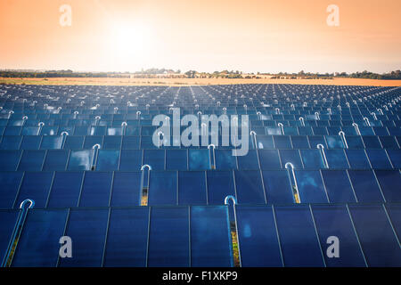 Solar park producing green energy in the sunrise Stock Photo - Alamy