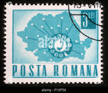 Stamp printed in Romania Map Showing Telephone Network , circa 1971 Stock Photo