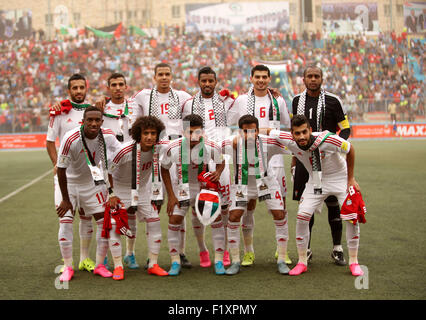 Sept. 8, 2015 - Al-Ram, West Bank, Palestinian Territory - UAE team players pose for a photograph before their 2018 FIFA World Cup qualifying football match with Palestine, at the Faisal al-Husseini Stadium, on September 8, 2015 in the West Bank town of Al-Ram © Shadi Hatem/APA Images/ZUMA Wire/Alamy Live News Stock Photo